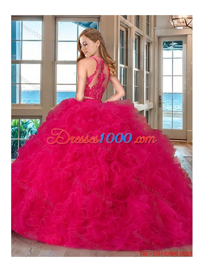 Popular Two Piece See Through Scoop Ruffled and Applique Quinceanera Dress