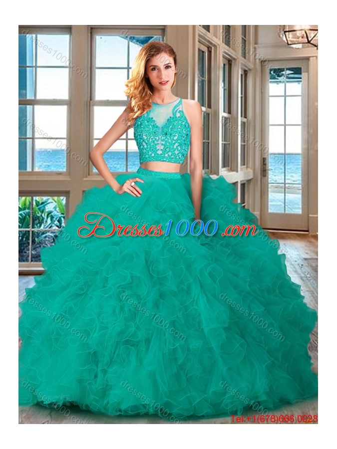 Popular Two Piece See Through Scoop Ruffled and Applique Quinceanera Dress