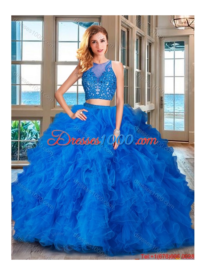 Popular Two Piece See Through Scoop Ruffled and Applique Quinceanera Dress