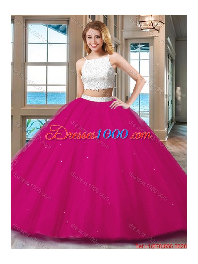 Pretty Ball Gown Straps Tulle Two Piece Backless Quinceanera Dresses White and Pink