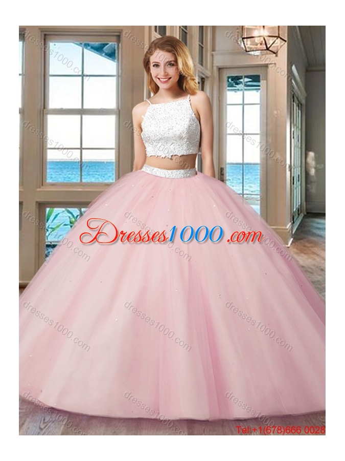 Pretty Ball Gown Straps Tulle Two Piece Backless Quinceanera Dresses White and Pink