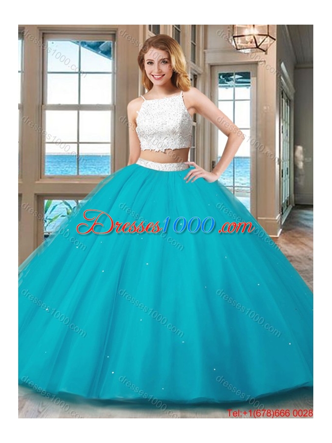 Pretty Ball Gown Straps Tulle Two Piece Backless Quinceanera Dresses White and Pink