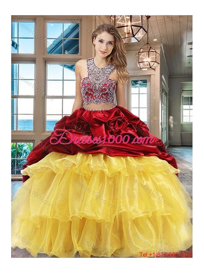 Pretty Ruffled Layers Wine Red and Yellow Quinceanera Dress with Brush Train