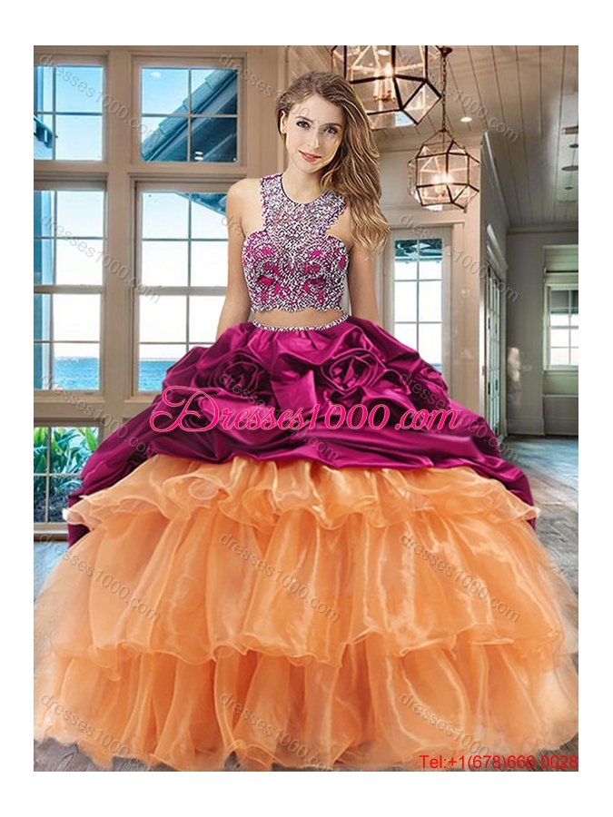 Pretty Ruffled Layers Wine Red and Yellow Quinceanera Dress with Brush Train