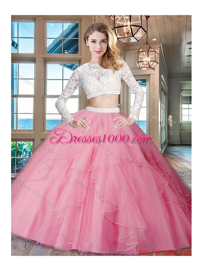 Simple See Through Scoop Zipper Up Quinceanera Dress in Rose Pink