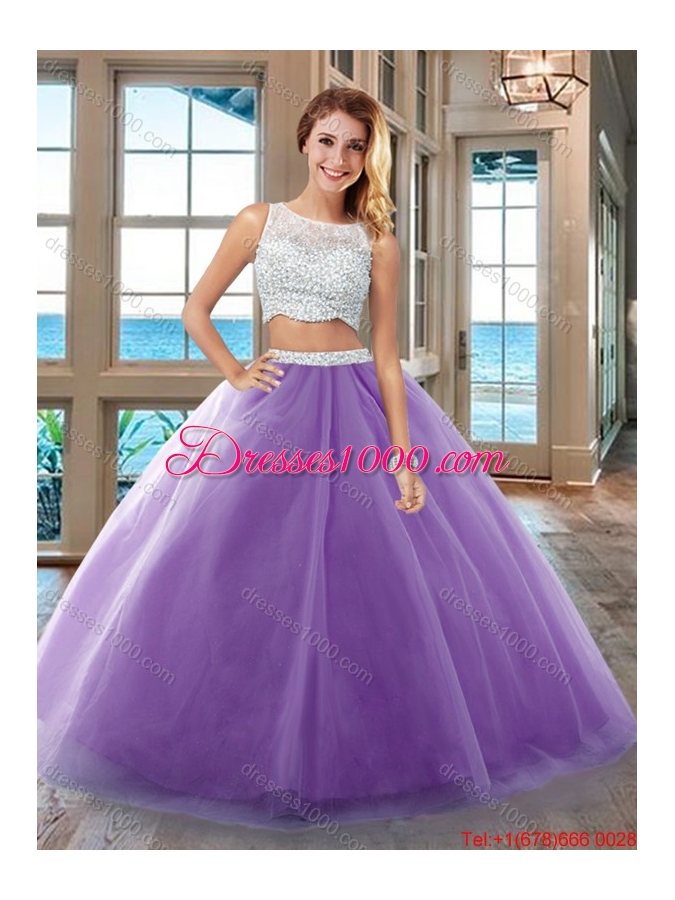 Two Piece Puffy Bateau Side Zipper Purple Quinceanera Dresses with Beading