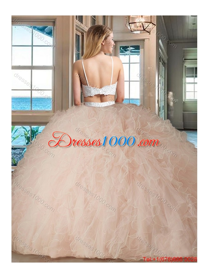 Two Piece Straps Tulle Beaded Two Piece Backless Quinceanera Dresses White and Blue