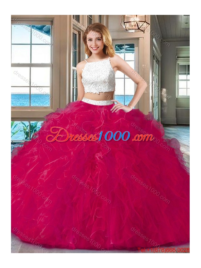 Two Piece Straps Tulle Beaded Two Piece Backless Quinceanera Dresses White and Blue