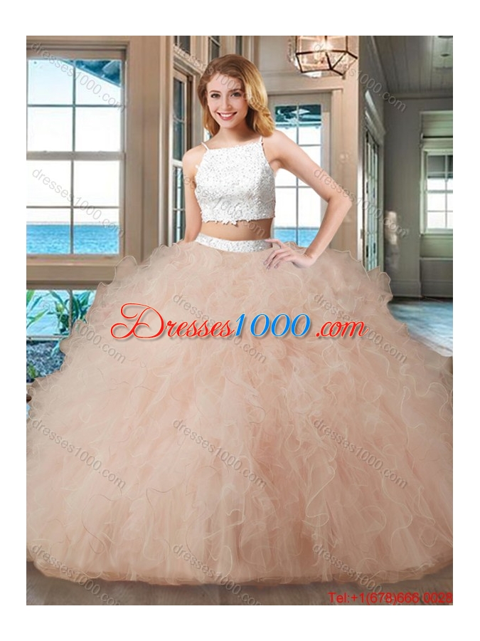 Two Piece Straps Tulle Beaded Two Piece Backless Quinceanera Dresses White and Blue