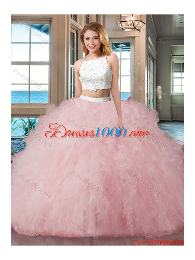 Two Piece Straps Tulle Beaded Two Piece Backless Quinceanera Dresses White and Blue
