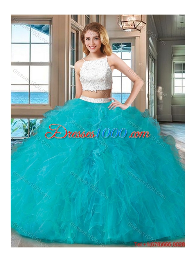 Two Piece Straps Tulle Beaded Two Piece Backless Quinceanera Dresses White and Blue