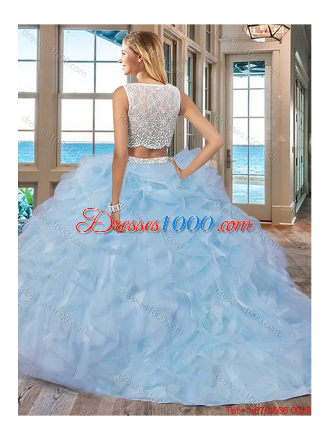 White Bateau Brush Train Side Zipper Two Piece Quinceanera Dresses with Beading