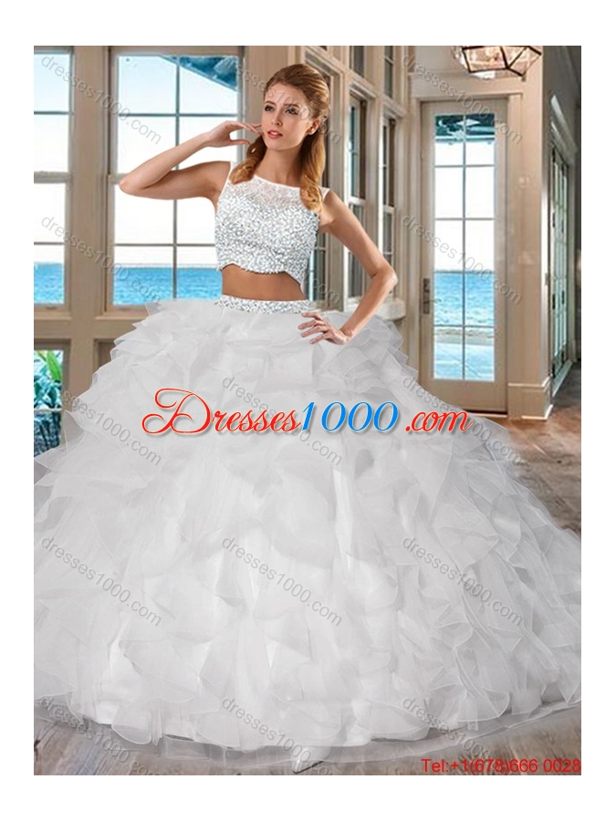 White Bateau Brush Train Side Zipper Two Piece Quinceanera Dresses with Beading