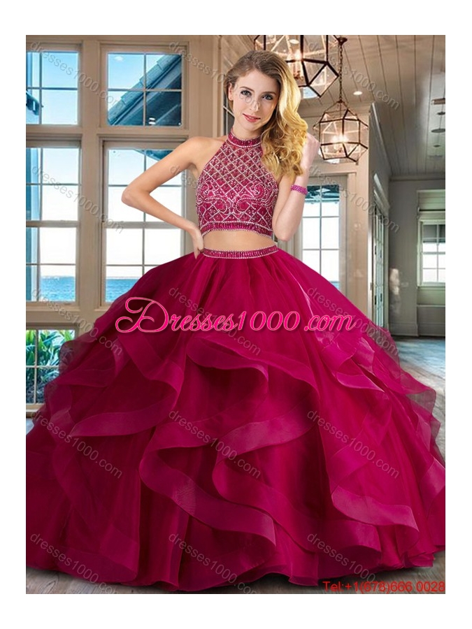 Wonderful Two Piece Tulle Fuchsia Quinceanera Dress with Beading and Ruffles