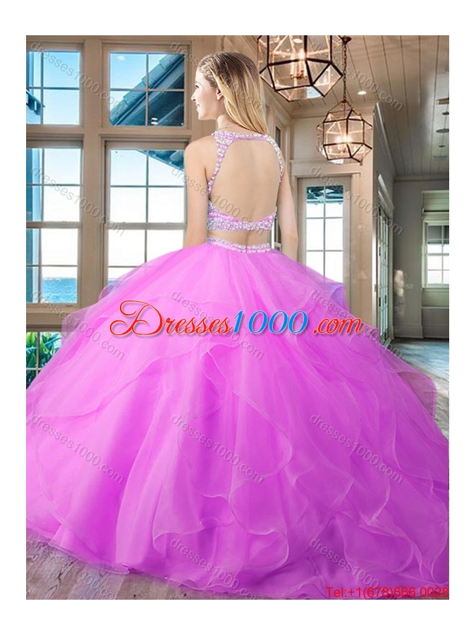 Affordable Beaded Bodice and Ruffled Orange Quinceanera Dress with Brush Train