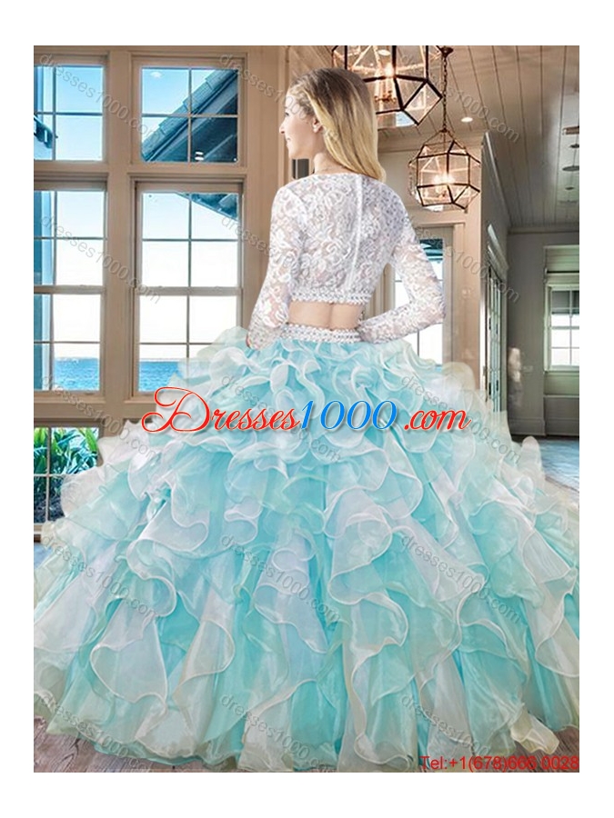 Affordable Organza Laced Ruffled Aquamarine Quinceanera Dress with Long Sleeves