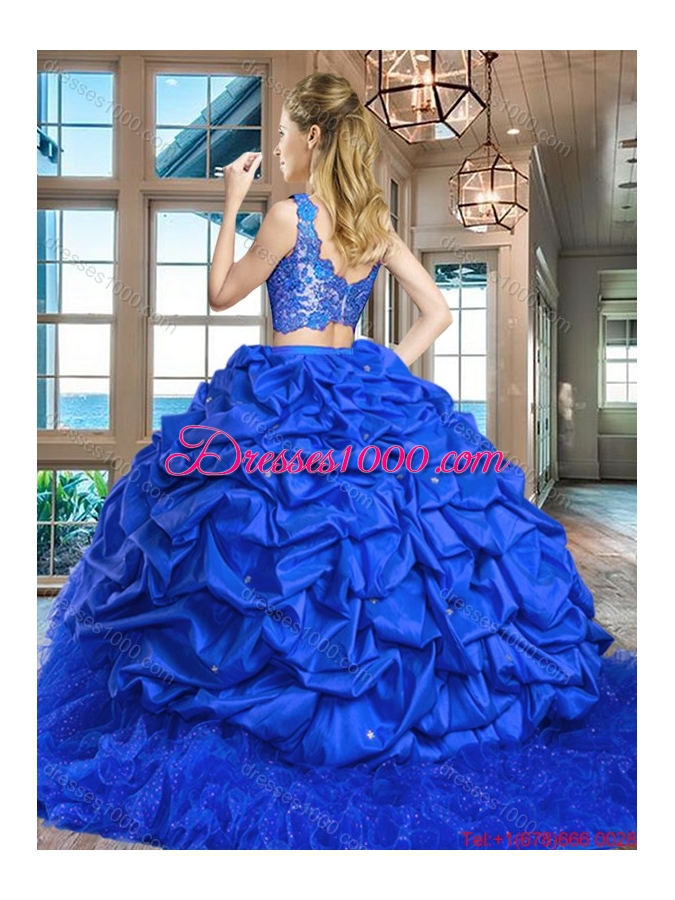 Affordable Tulle and Taffeta Royal Blue Quinceanera Dress with Ruffles and Lace