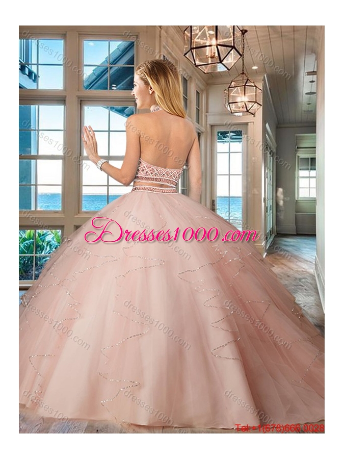 Designer Backless Ruffled and Beaded Bodice Quinceanera Dress in Light Pink