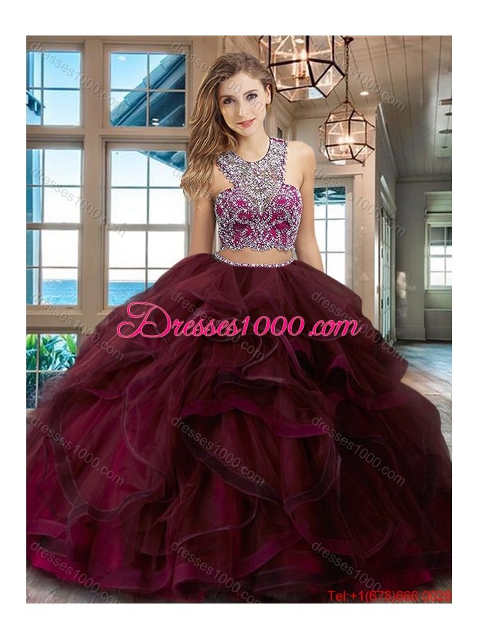 Gorgeous Brush Train Burgundy Quinceanera Dress with Ruffles and Beading