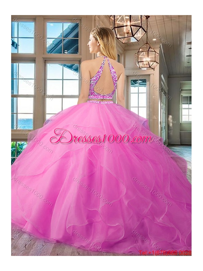 Gorgeous Brush Train Scoop Open Back Quinceanera Dress with Beaded Bodice