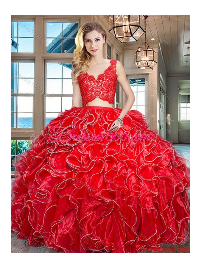 Latest Two Piece Ruffled and Laced Bodice Red Quinceanera Dress in Organza