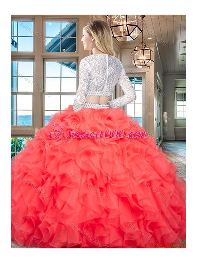 Modern Ruffled Long Sleeves White Quinceanera Dress in Organza and Lace