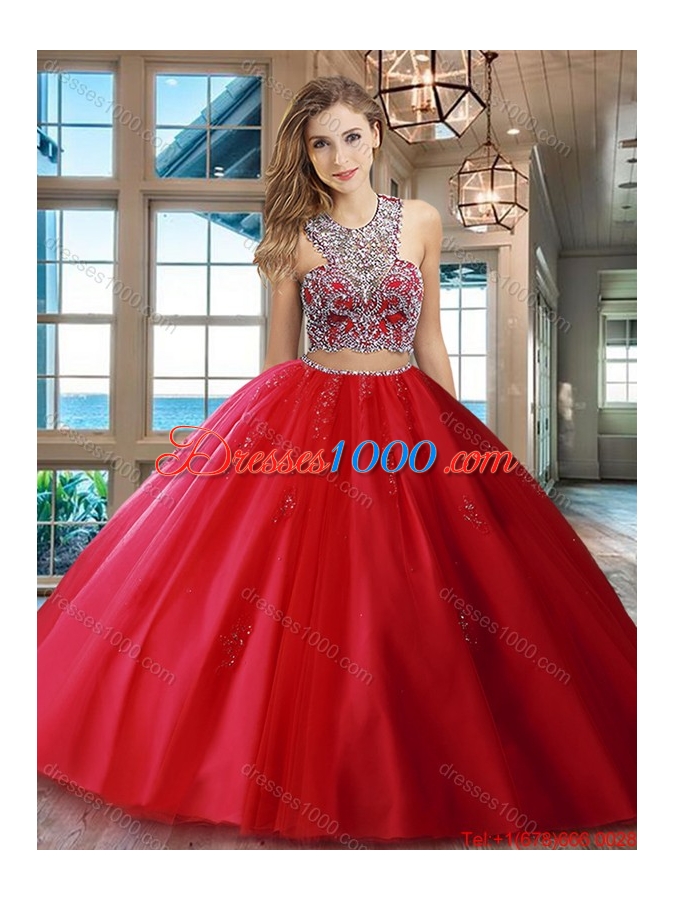 New Style Two Piece Really Puffy Beaded Scoop Red Quinceanera Dress