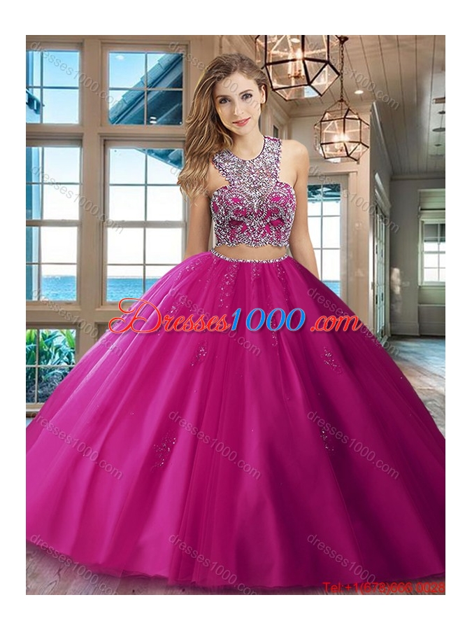 New Style Two Piece Really Puffy Beaded Scoop Red Quinceanera Dress
