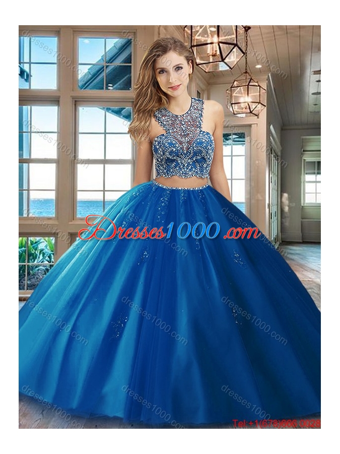 New Style Two Piece Really Puffy Beaded Scoop Red Quinceanera Dress