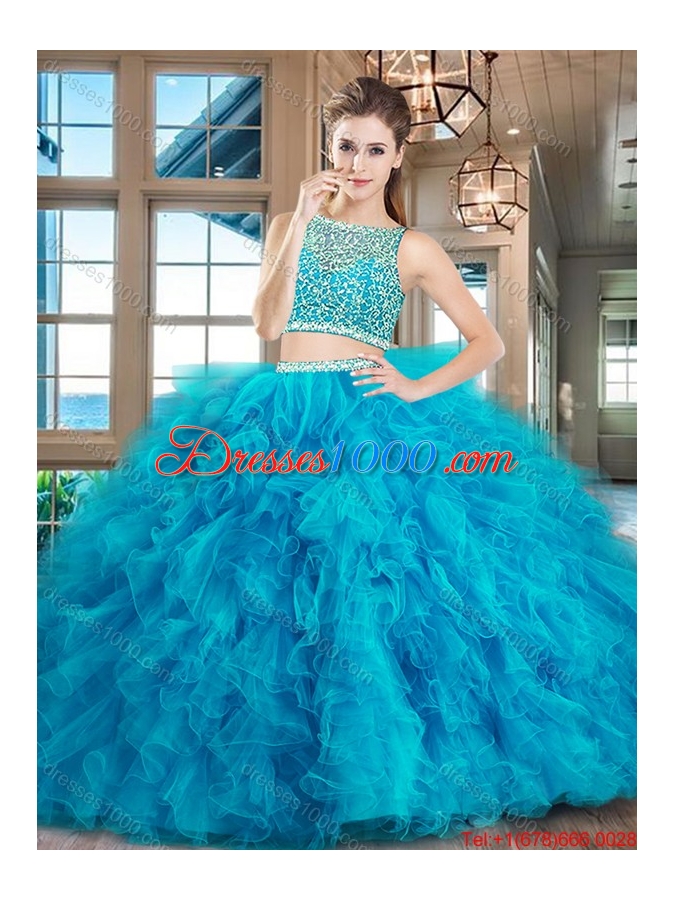 Pretty Two Piece Fuchsia Brush Train Quinceanera Dress with Ruffles and Beading