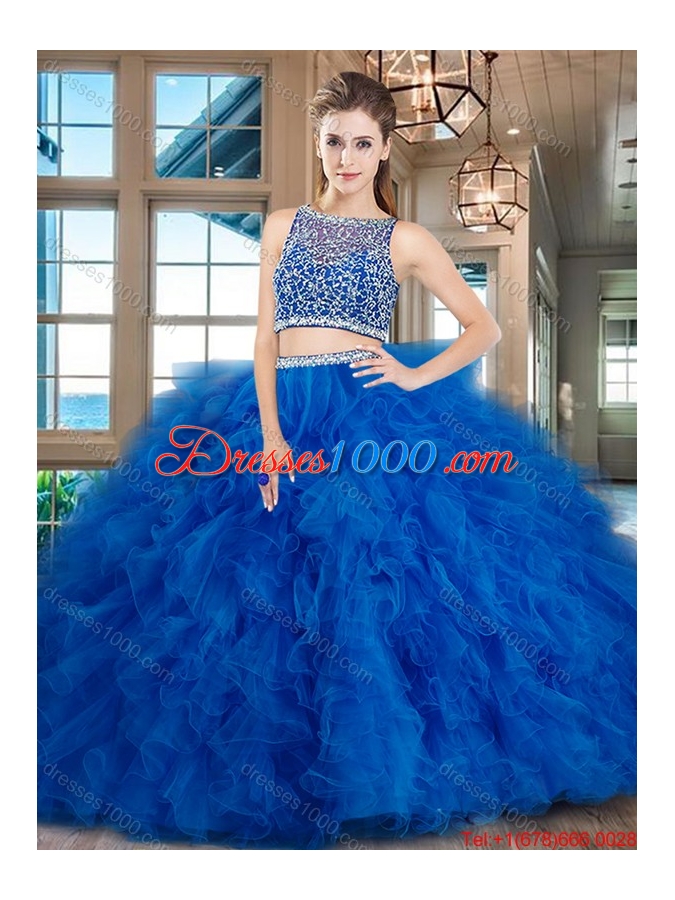 Pretty Two Piece Fuchsia Brush Train Quinceanera Dress with Ruffles and Beading