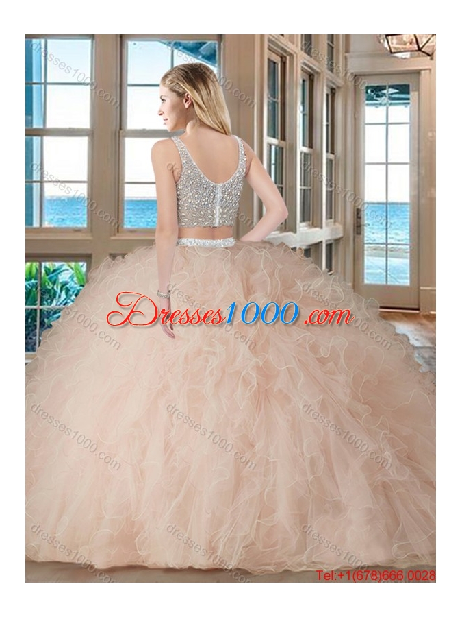 Puffy Ball Gown V Neck Tulle Two Piece Quinceanera Dresses with Beading and Ruffles