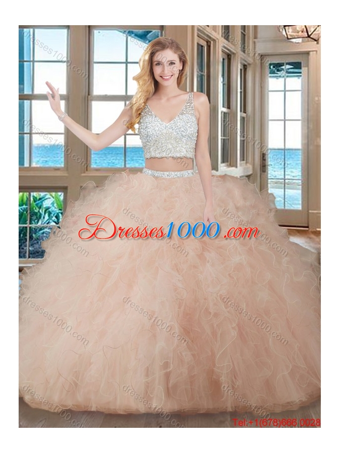 Puffy Ball Gown V Neck Tulle Two Piece Quinceanera Dresses with Beading and Ruffles