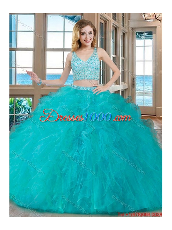Puffy Ball Gown V Neck Tulle Two Piece Quinceanera Dresses with Beading and Ruffles