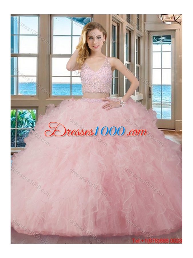 Puffy Ball Gown V Neck Tulle Two Piece Quinceanera Dresses with Beading and Ruffles