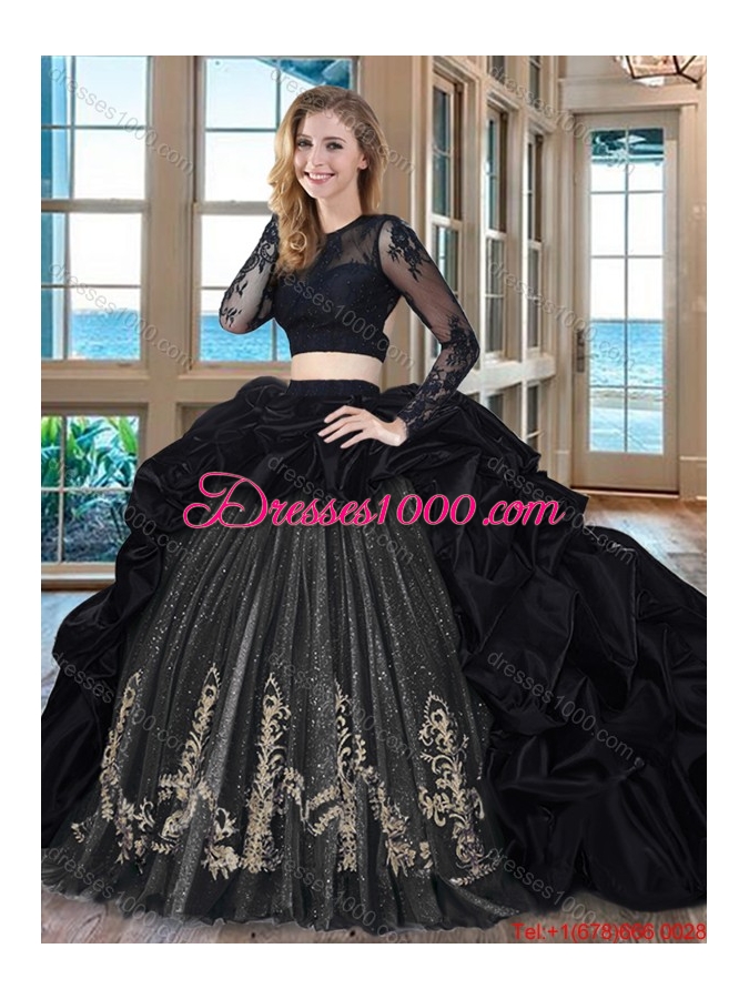 Puffy Scoop Brush Train Long Sleeves Two Piece Black Quinceanera Dresses with Embroidery and Bubbles