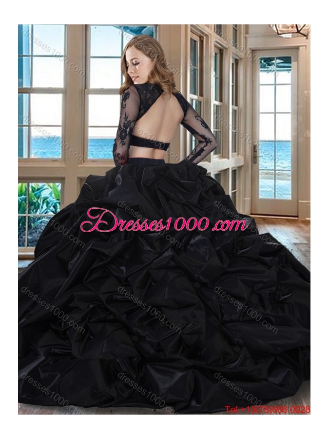 Puffy Scoop Brush Train Long Sleeves Two Piece Black Quinceanera Dresses with Embroidery and Bubbles
