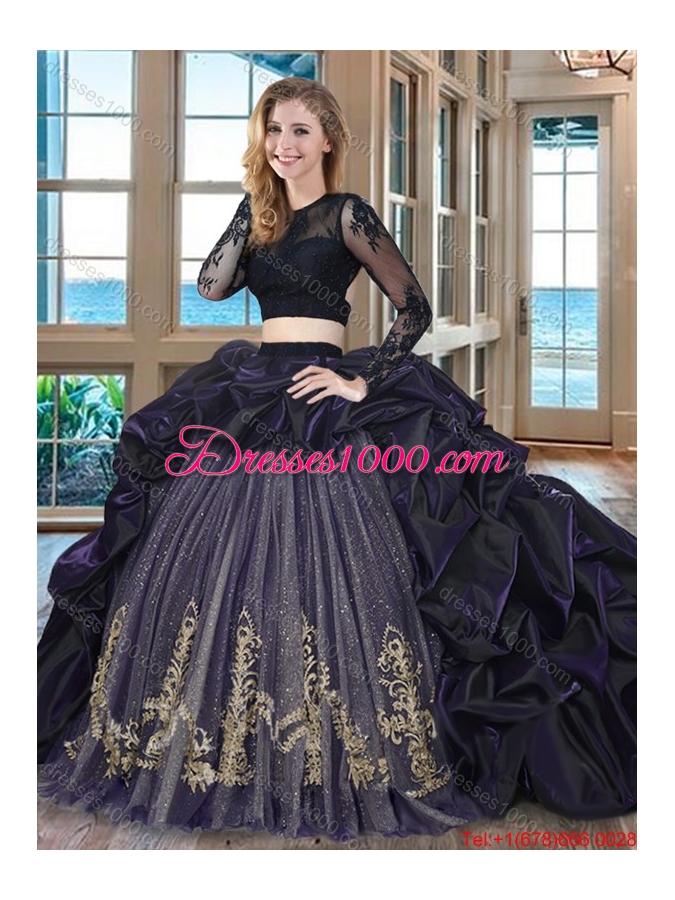 Puffy Scoop Brush Train Long Sleeves Two Piece Black Quinceanera Dresses with Embroidery and Bubbles