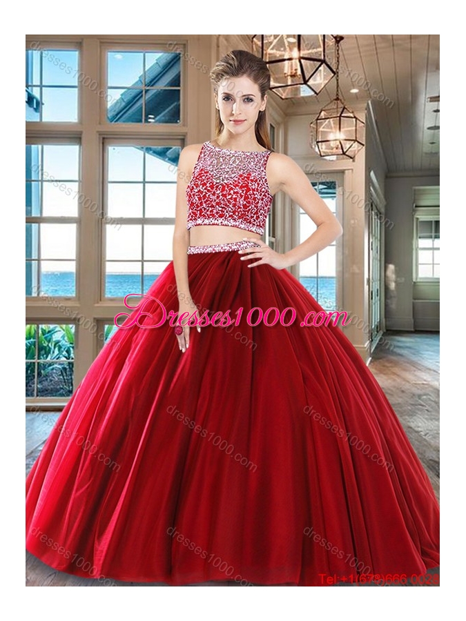 Romantic Two Piece Beaded Bodice Tulle Quinceanera Dress in Wine Red