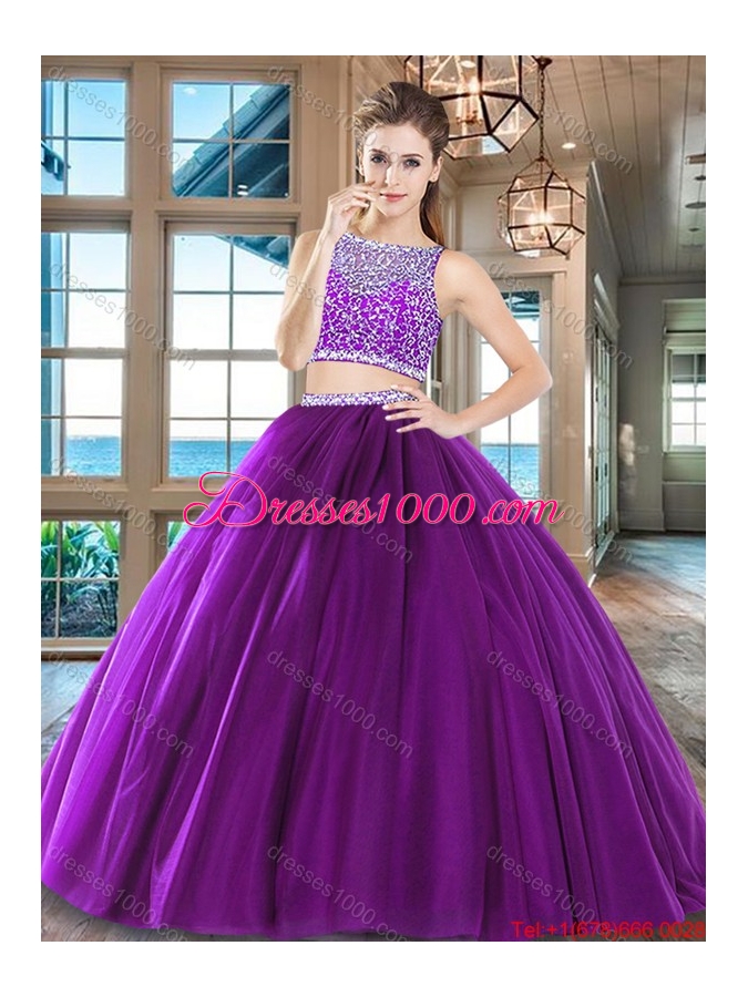 Romantic Two Piece Beaded Bodice Tulle Quinceanera Dress in Wine Red