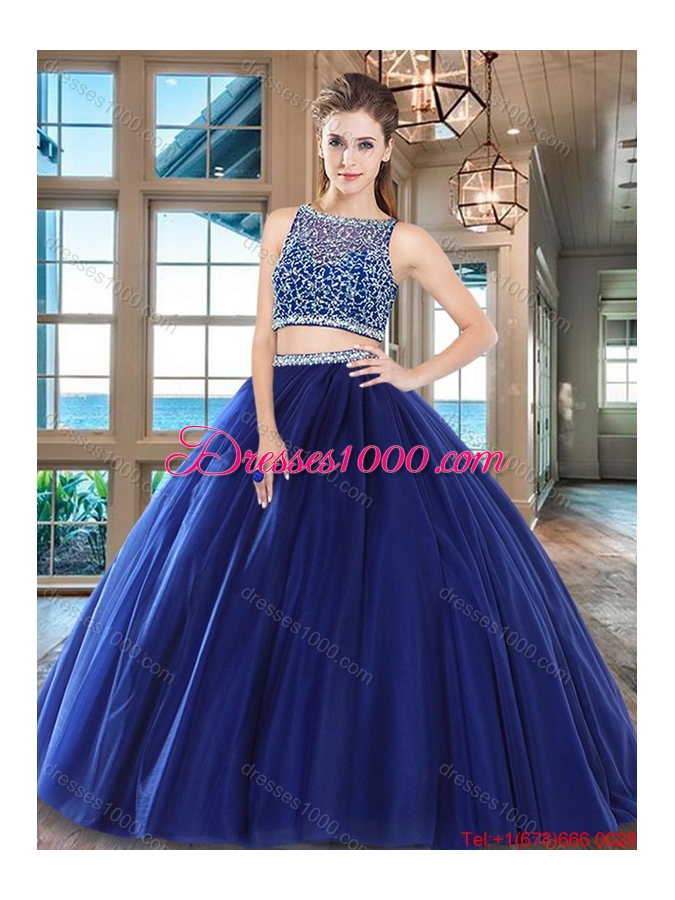 Romantic Two Piece Beaded Bodice Tulle Quinceanera Dress in Wine Red