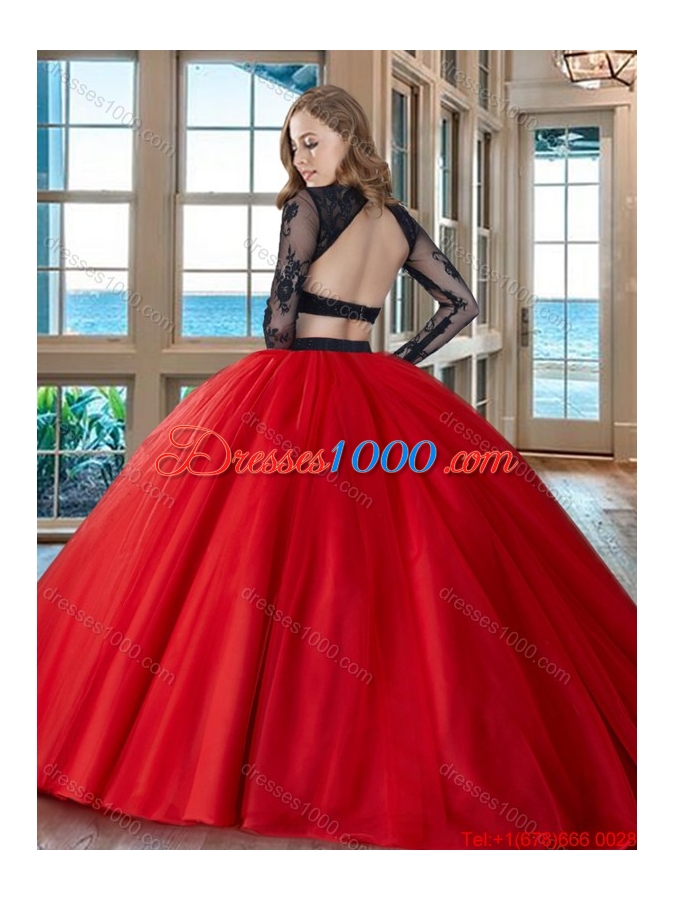 Two Piece Ball Gown Scoop Tulle Appliques Backless Long Sleeves Quinceanera Dresses in Red