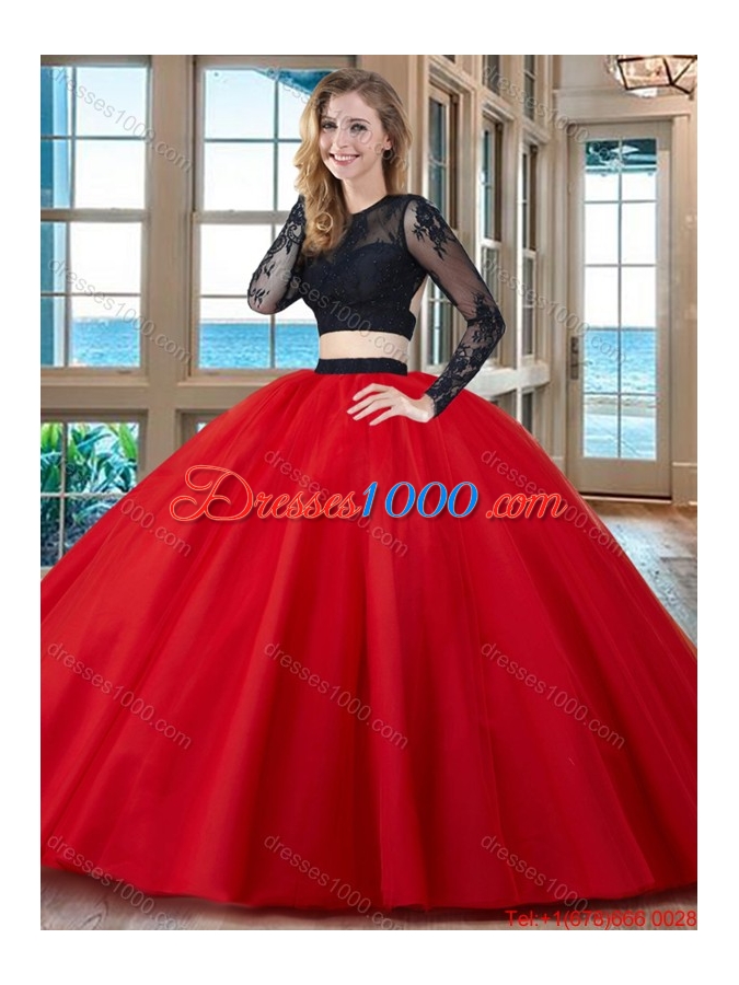 Two Piece Ball Gown Scoop Tulle Appliques Backless Long Sleeves Quinceanera Dresses in Red