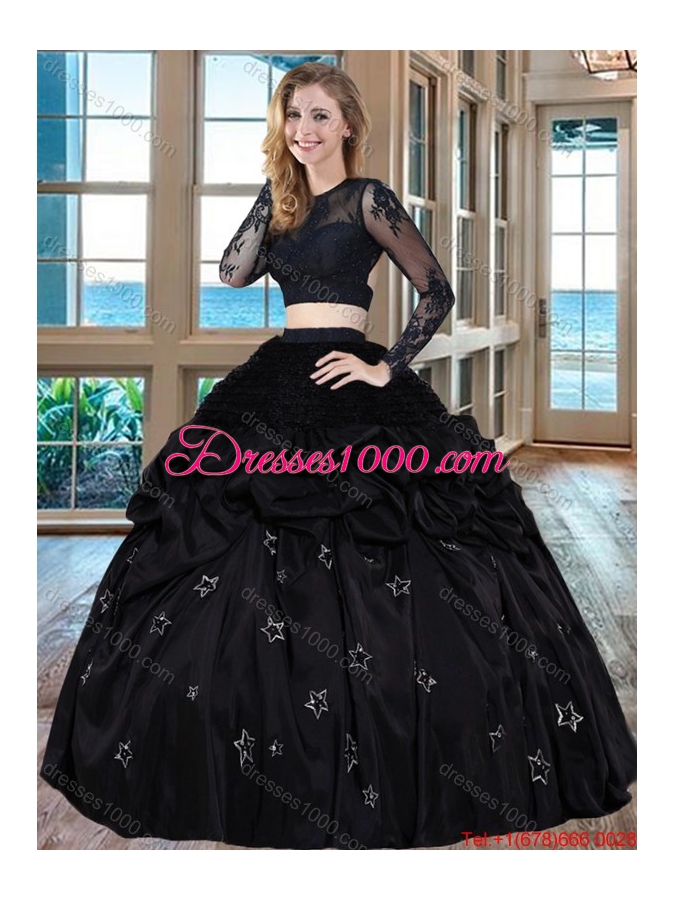 Two Piece Black Puffy Scoop Taffeta Long Sleeves Backless Quinceanera Dresses with Embroidery and Bubbles