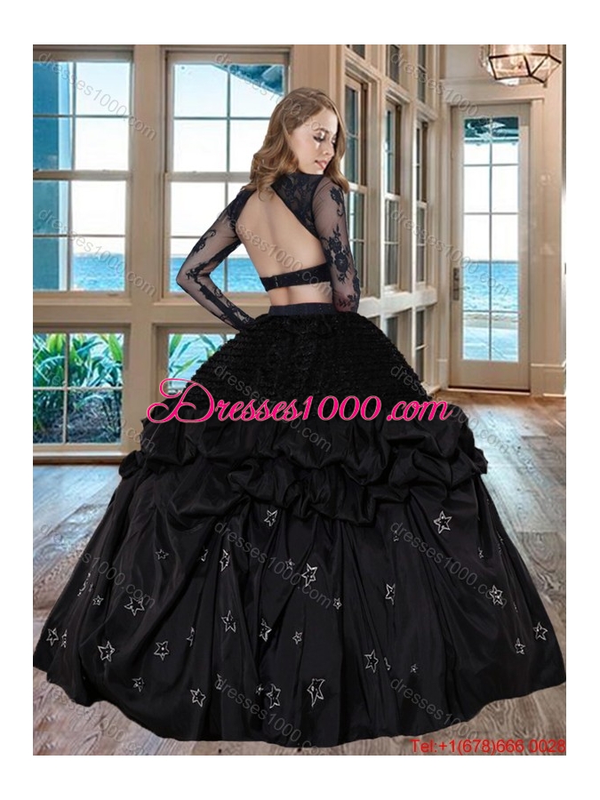 Two Piece Black Puffy Scoop Taffeta Long Sleeves Backless Quinceanera Dresses with Embroidery and Bubbles