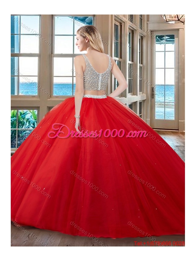 Two Piece Puffy V Neck Tulle Beaded Teal Quinceanera Dresses with Zippper Up