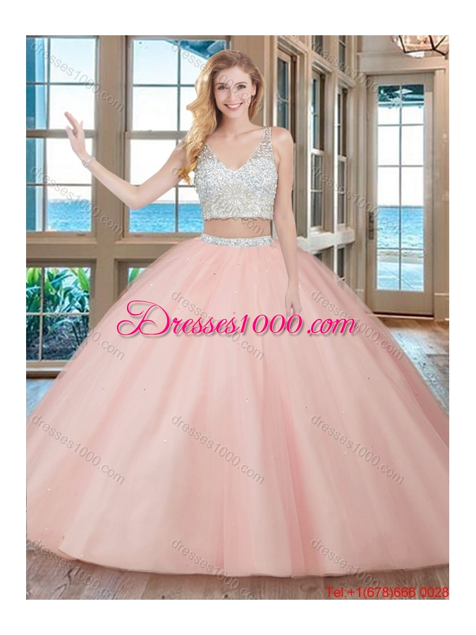 Two Piece Puffy V Neck Tulle Beaded Teal Quinceanera Dresses with Zippper Up