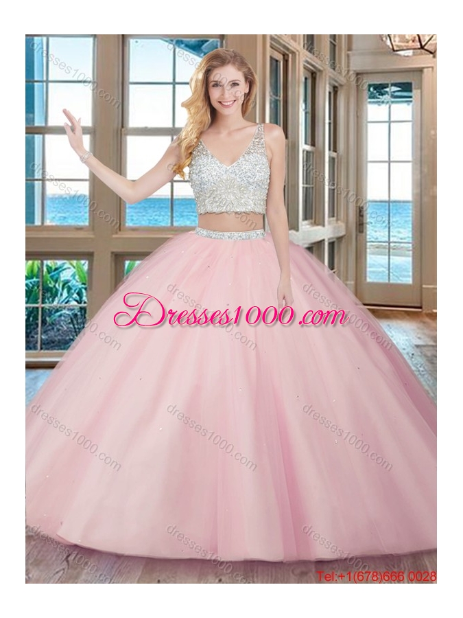 Two Piece Puffy V Neck Tulle Beaded Teal Quinceanera Dresses with Zippper Up