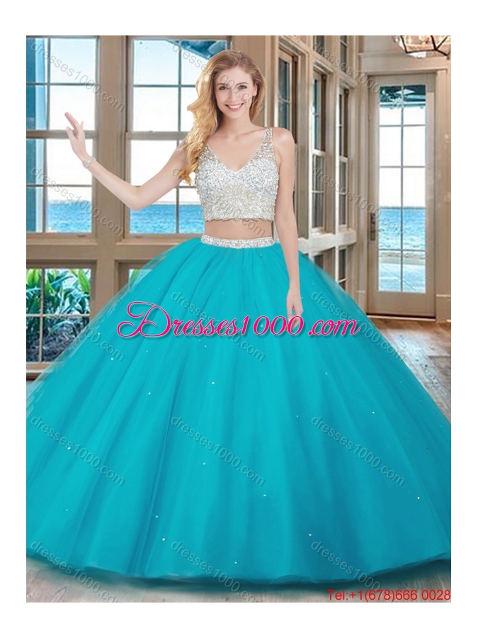 Two Piece Puffy V Neck Tulle Beaded Teal Quinceanera Dresses with Zippper Up