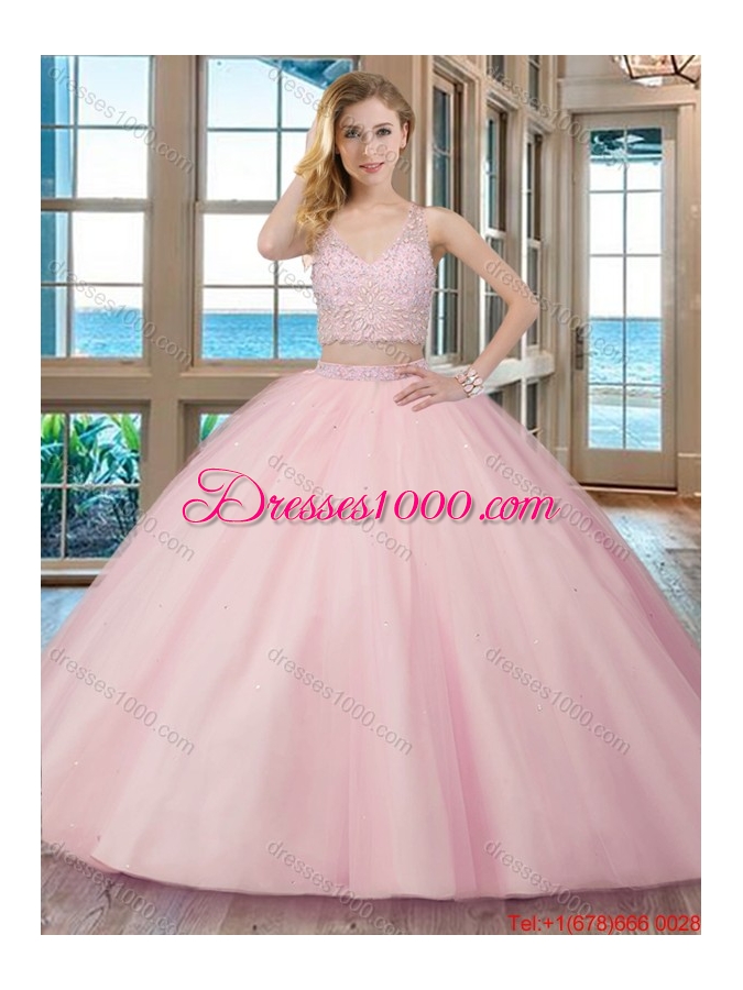 Two Piece Puffy V Neck Tulle Beaded Teal Quinceanera Dresses with Zippper Up